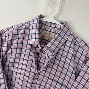 Hagen Carmel Fit Men Large Pink Navy Blue Check Button Down Cotton Shirt BDA3410